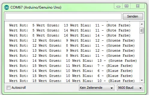 Serieller Monitor mit den Messwerten für Rot, Grün und Blau
