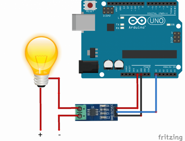 Schaltskizze mit Arduino, ACS712-Stromstärkesensor und Glühlampe