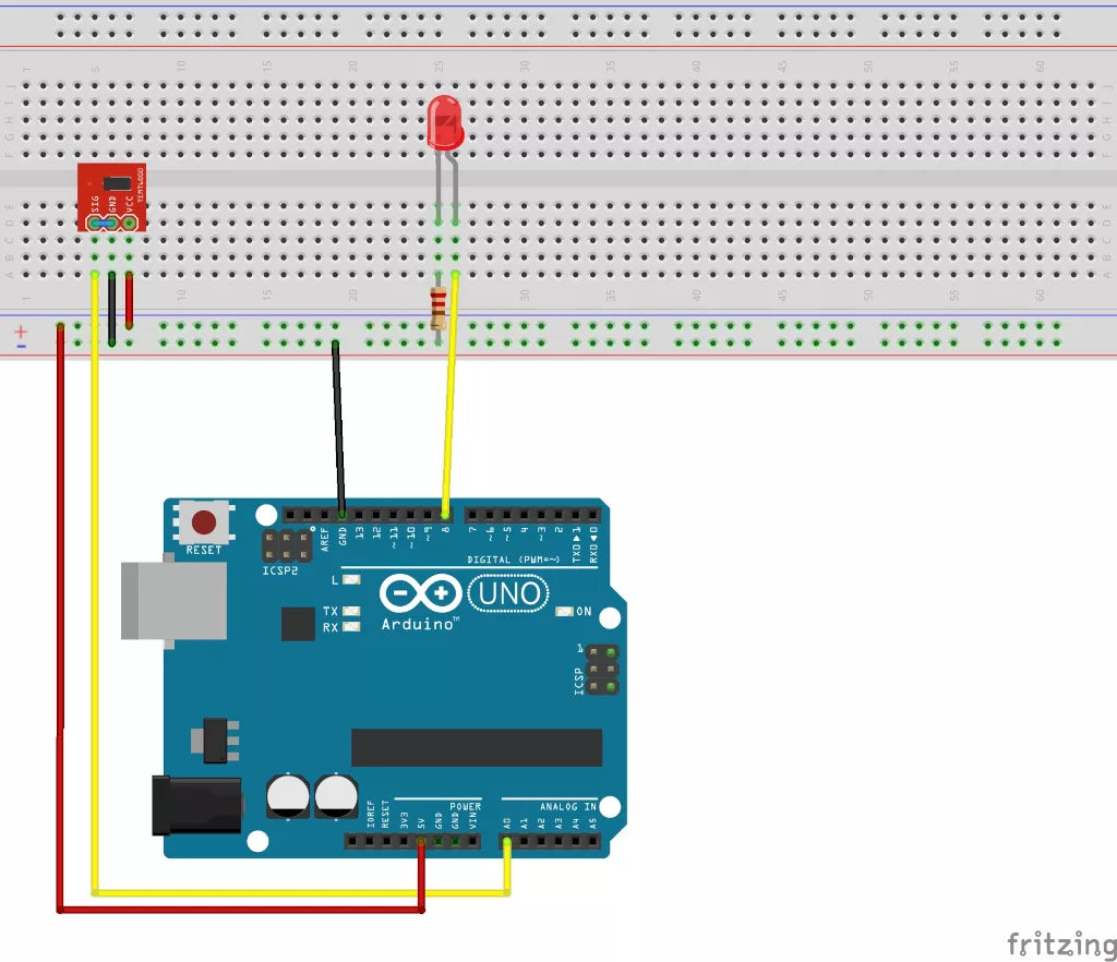 Schaltplan: TEMT6000 an A0, LED mit Vorwiderstand an Pin 8