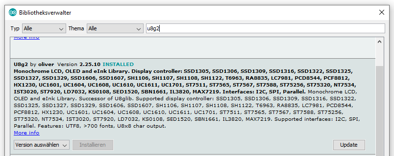 Bibliotheksverwalter der Arduino IDE mit U8g2