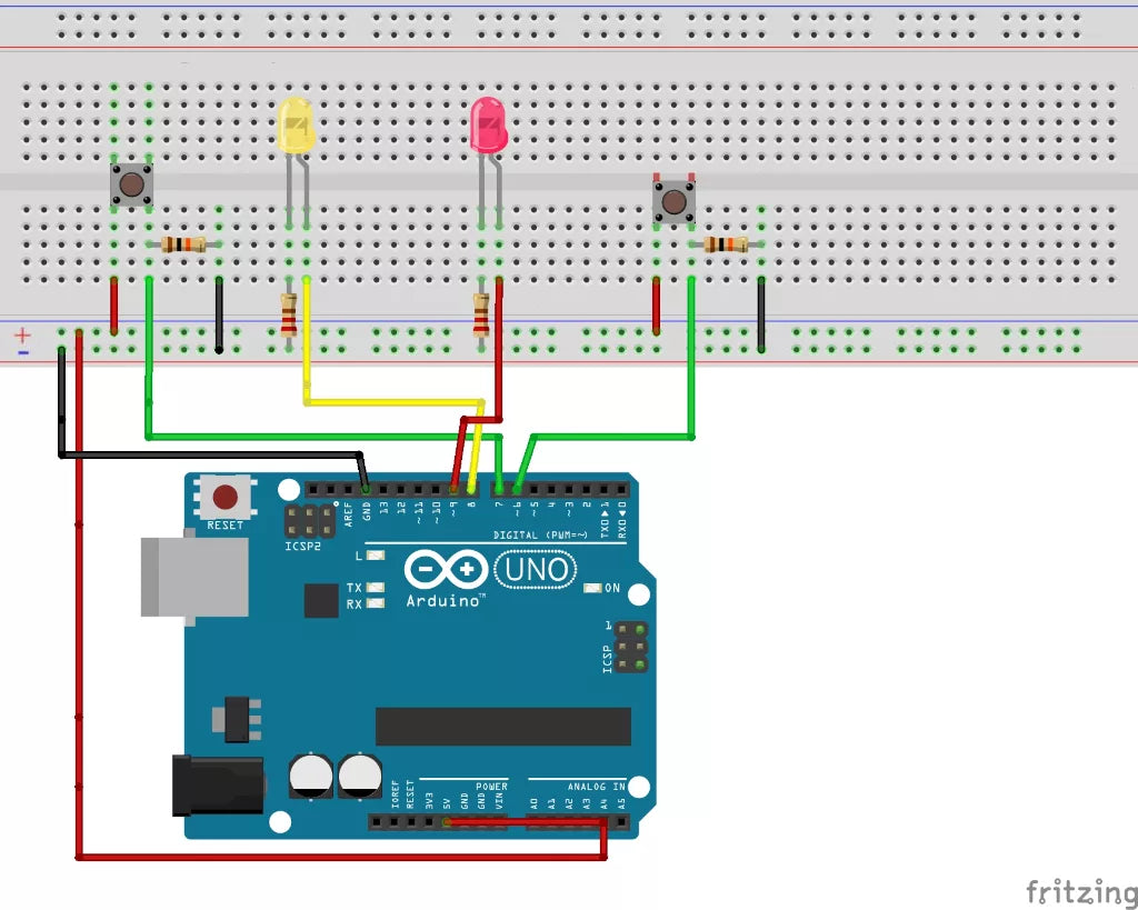 Zwei Taster und zwei LEDs am Arduino UNO
