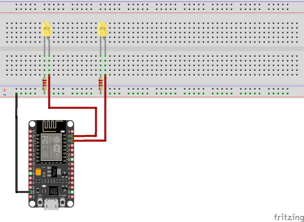 Steckbrettaufbau mit zwei LEDs am NodeMCU