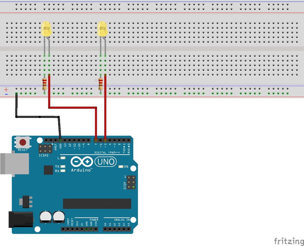 Steckbrettaufbau mit zwei LEDs am Arduino UNO