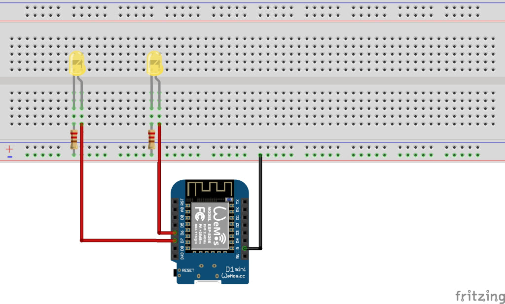 Steckbrettaufbau mit zwei LEDs am Wemos D1 Mini