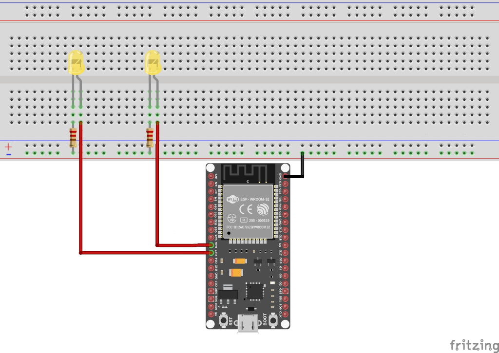 Steckbrettaufbau mit zwei LEDs am ESP32-Wroom