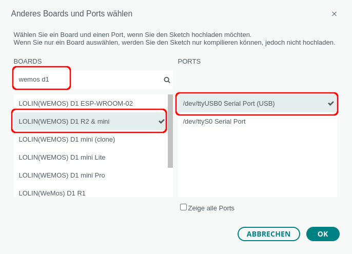 Board-Auswahl der Arduino IDE mit dem Suchergebnis Wemos D1