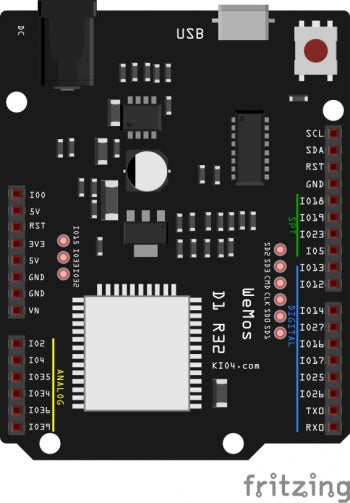 Schwarze Platine im Arduino-UNO-Format mit ESP32-WROOM-32-Modul