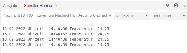 Serieller Monitor mit Datum, Uhrzeit und Temperaturwert des DS3231