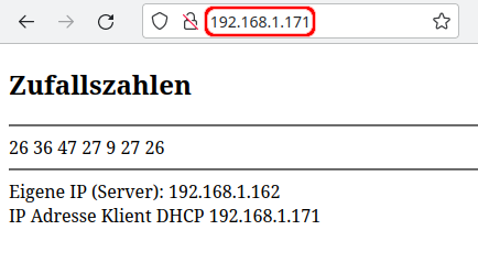 Browserfenster mit der Überschrift Zufallszahlen und einer Reihe von Zahlen