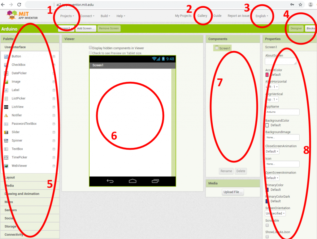 Benutzeroberfläche des App Inventor im Designermodus