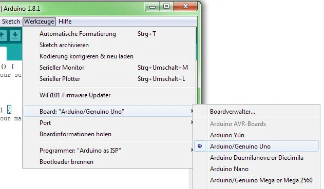 Menü der Arduino IDE zur Auswahl des Boards