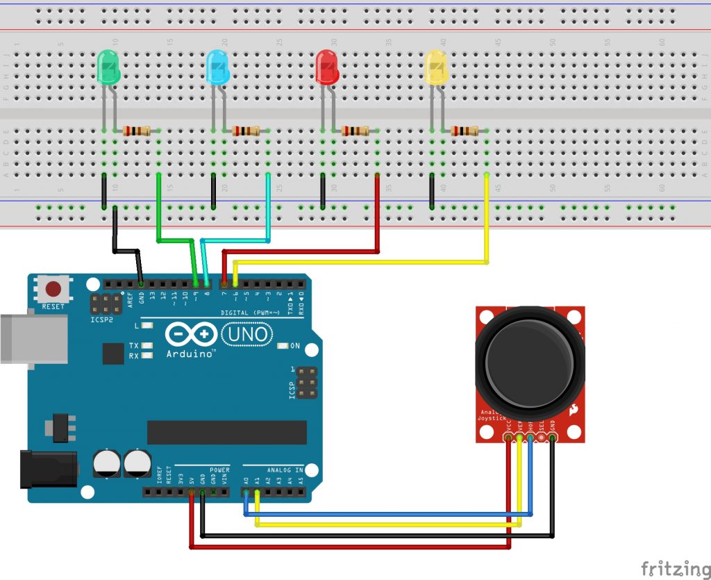 Schaltplan: Joystick-Modul und vier LEDs am Arduino UNO