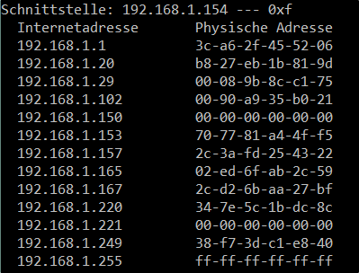 Ausgabe des Befehls arp -a mit den im Netzwerk belegten IP-Adressen