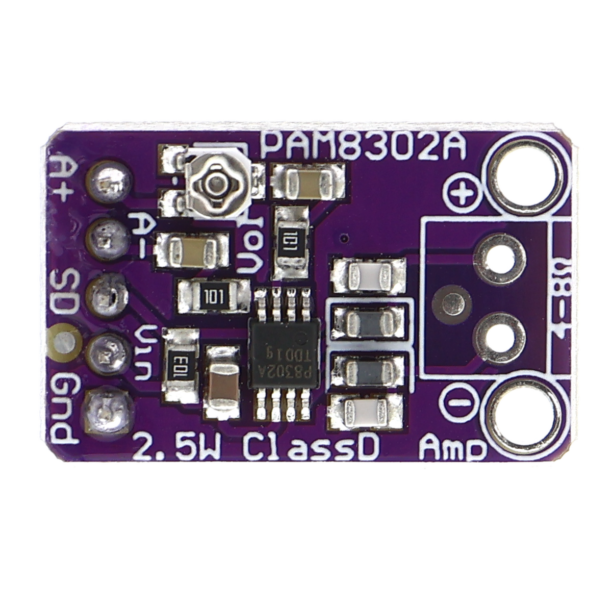 Amplificatore audio PAM8302A, miniaturizzato, 2.5V - 5V, 1 canale (mono), classe D