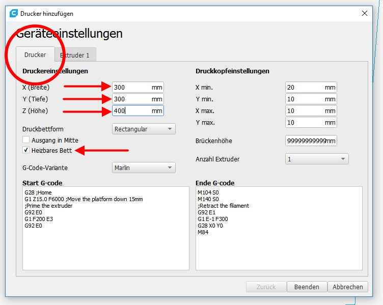 Weitere Geräteeinstellungen für den Funduino Pro in Cura