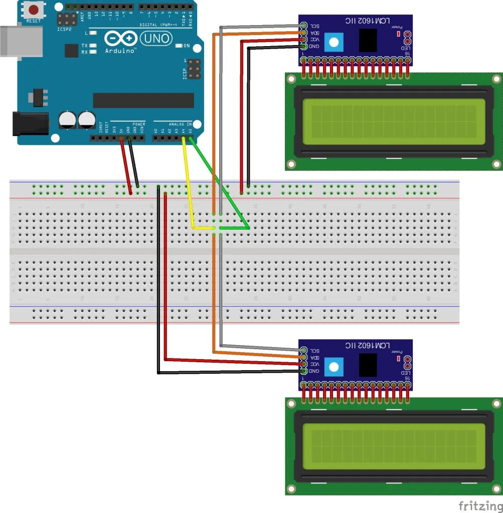 Schaltplan: zwei I²C-LCDs parallel an SDA, SCL, 5V und GND des Arduino UNO
