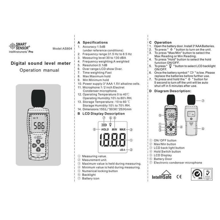 IntelliSmart AS804 sound level meter - 30-130 dB, data logger