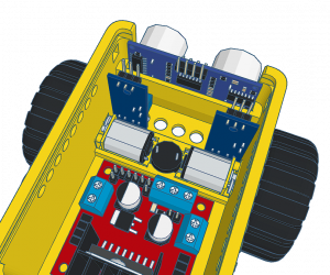 Gehäuse mit eingesetztem Ultraschallsensor und zwei Line-Tracking-Sensoren