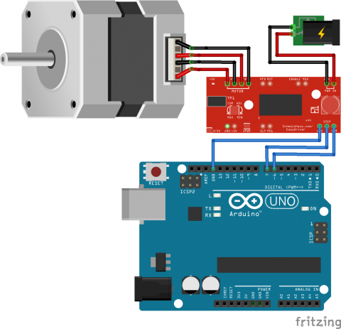 Schaltskizze mit Arduino UNO, EasyDriver-Motortreiber, externem Netzteil und NEMA17-Schrittmotor