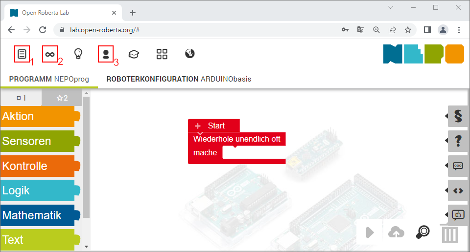 Open Roberta Lab mit Menüleiste und Programmierfläche