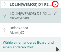 Dialog der Arduino IDE zur Auswahl von Board und Port