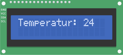 LCD-Display zeigt „Temperatur:“ und den gemessenen Wert