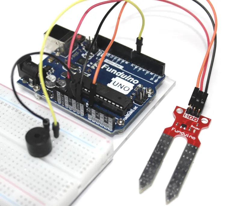 Aufbau mit Feuchtigkeitssensor und Lautsprecher am Arduino UNO R3