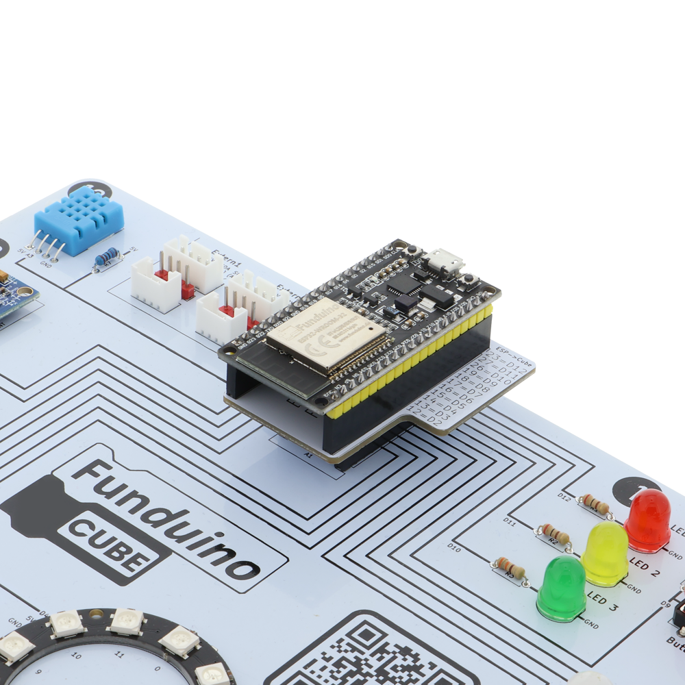 Funduino Cube adapter board for ESP32 - solderless plug contacts