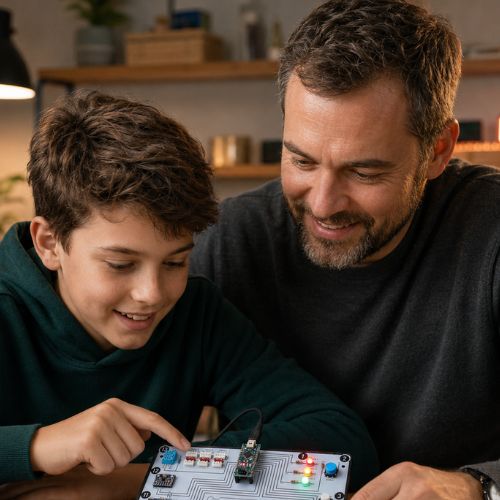 Un ragazzo e suo padre programmano insieme il Funduino Cube
