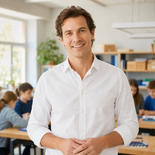 Insegnante in classe, sullo sfondo alunne e alunni con il Funduino Cube