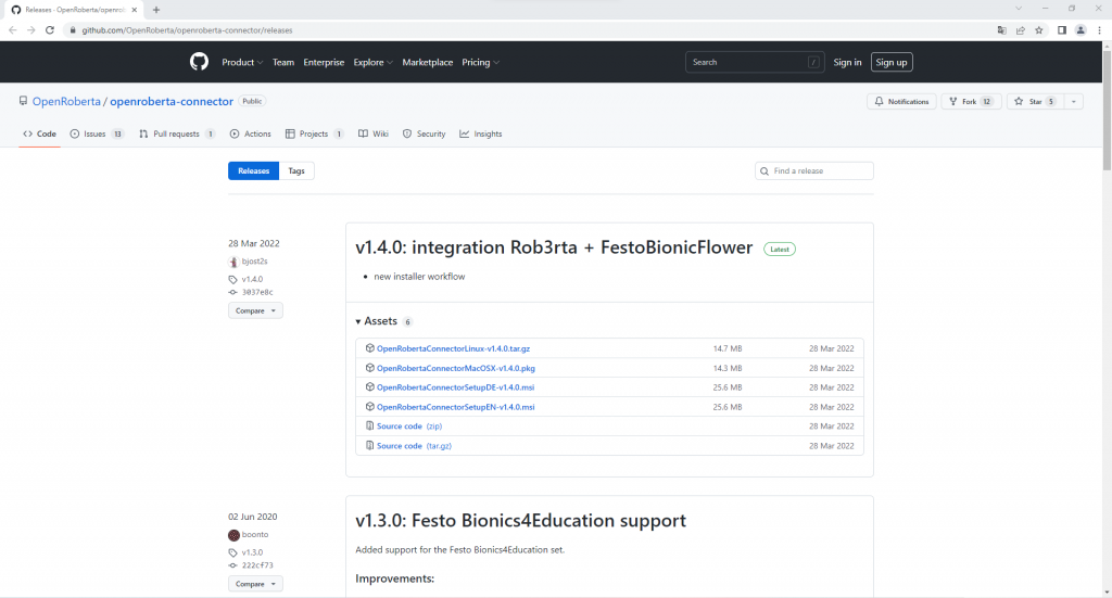 GitHub-Seite mit den Downloads des Open Roberta Connectors