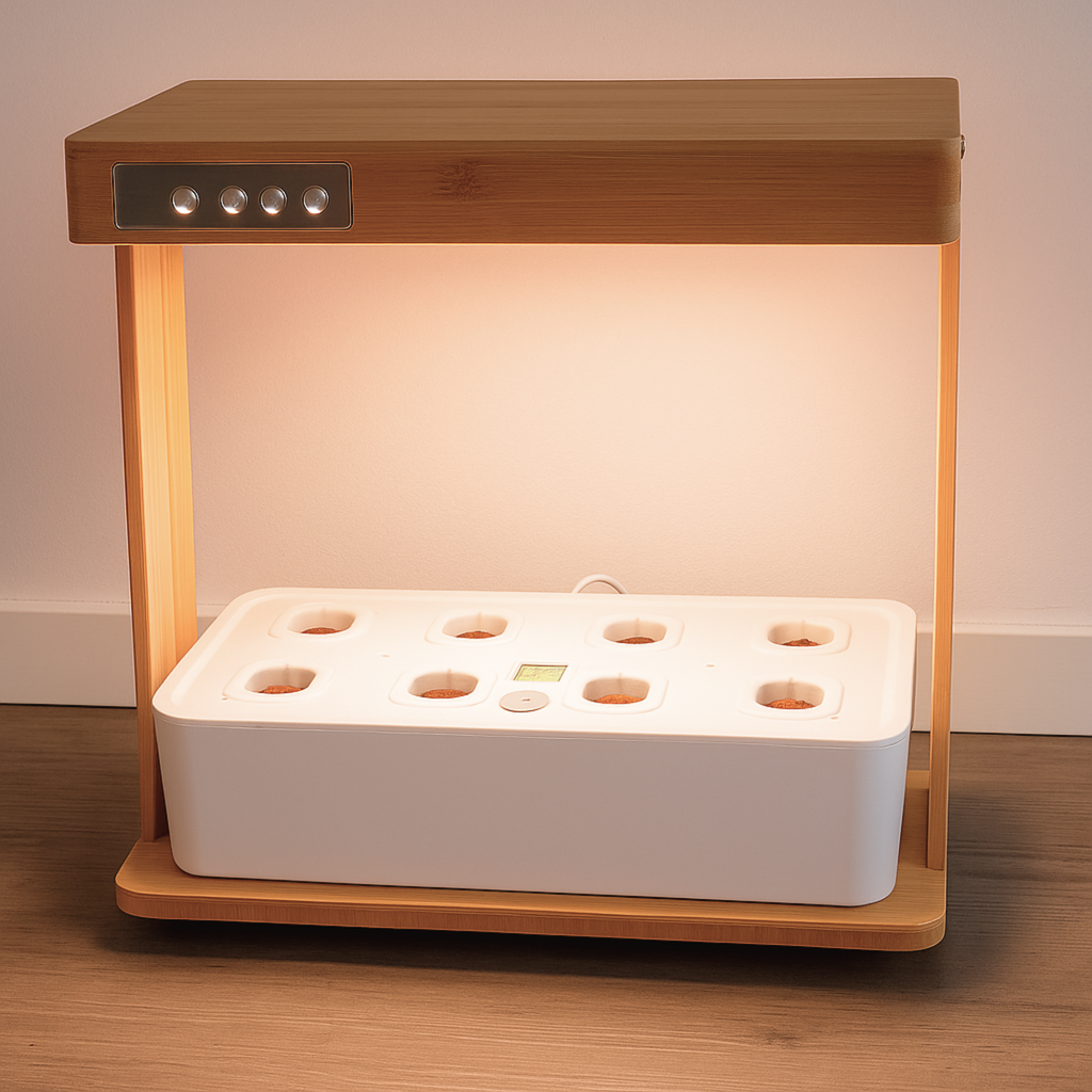 Hydroponik-System 8 Pflanzlöcher - 30 W LED, 3,5 L Tank, Bambus