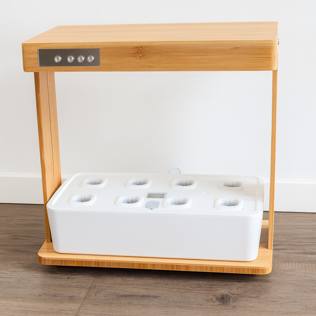 Hydroponik-System 8 Pflanzlöcher - 30 W LED, 3,5 L Tank, Bambus