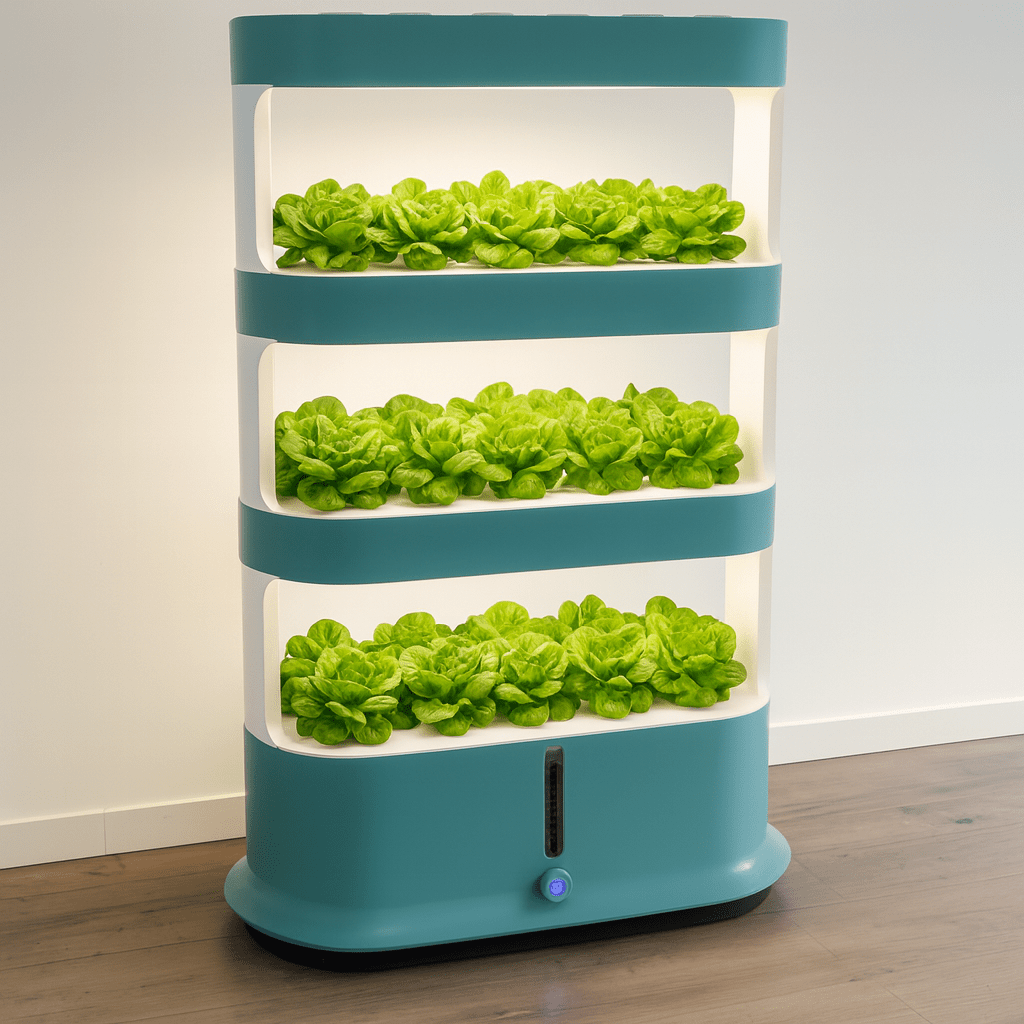 Hydroponikturm 64 Pflanzlöcher - Indoor, LED-Beleuchtung, Rollen - F25110752 - Funduino