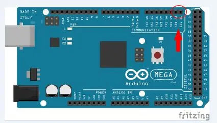 Das I²C-LCD am Arduino MEGA2560 mit SDA an Pin 20 und SCL an Pin 21
