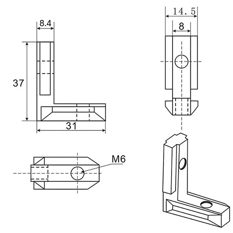 Giunto angolare interno per profili in alluminio (tipo B 30 / tipo I 40), scanalatura 8 M6