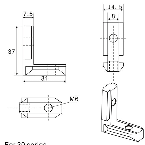 Giunto angolare interno per profili in alluminio (30 tipo B / 40 tipo I, scanalatura 8, M8