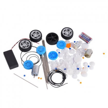 Kit con engranajes de plástico, poleas, correas, motores eléctricos y ruedas