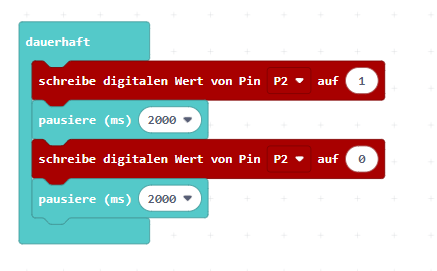 Fertiges Blinkprogramm mit zwei Pausen von 2000 Millisekunden