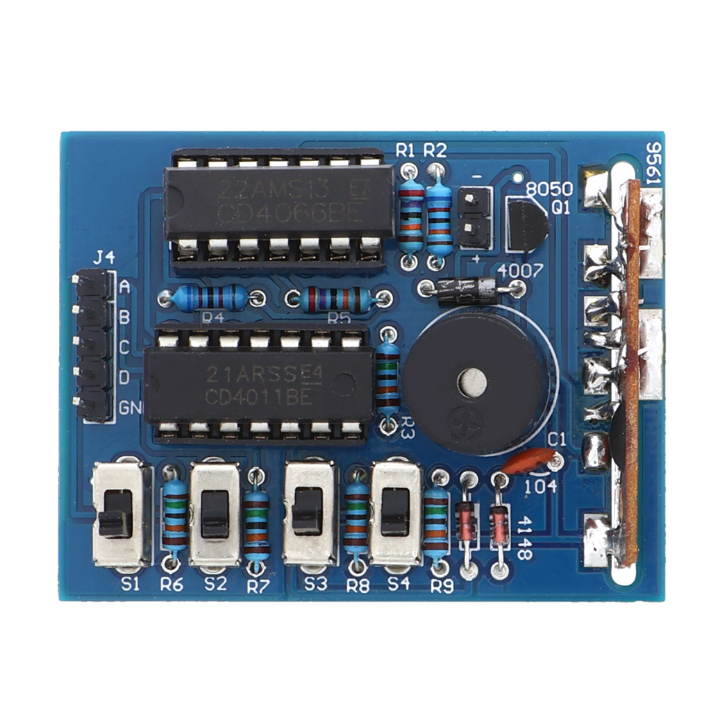 Soldeeroefening - geluidsgenerator met 22AMS13- en 22AMS13-chip, 4 schakelaars, luidspreker