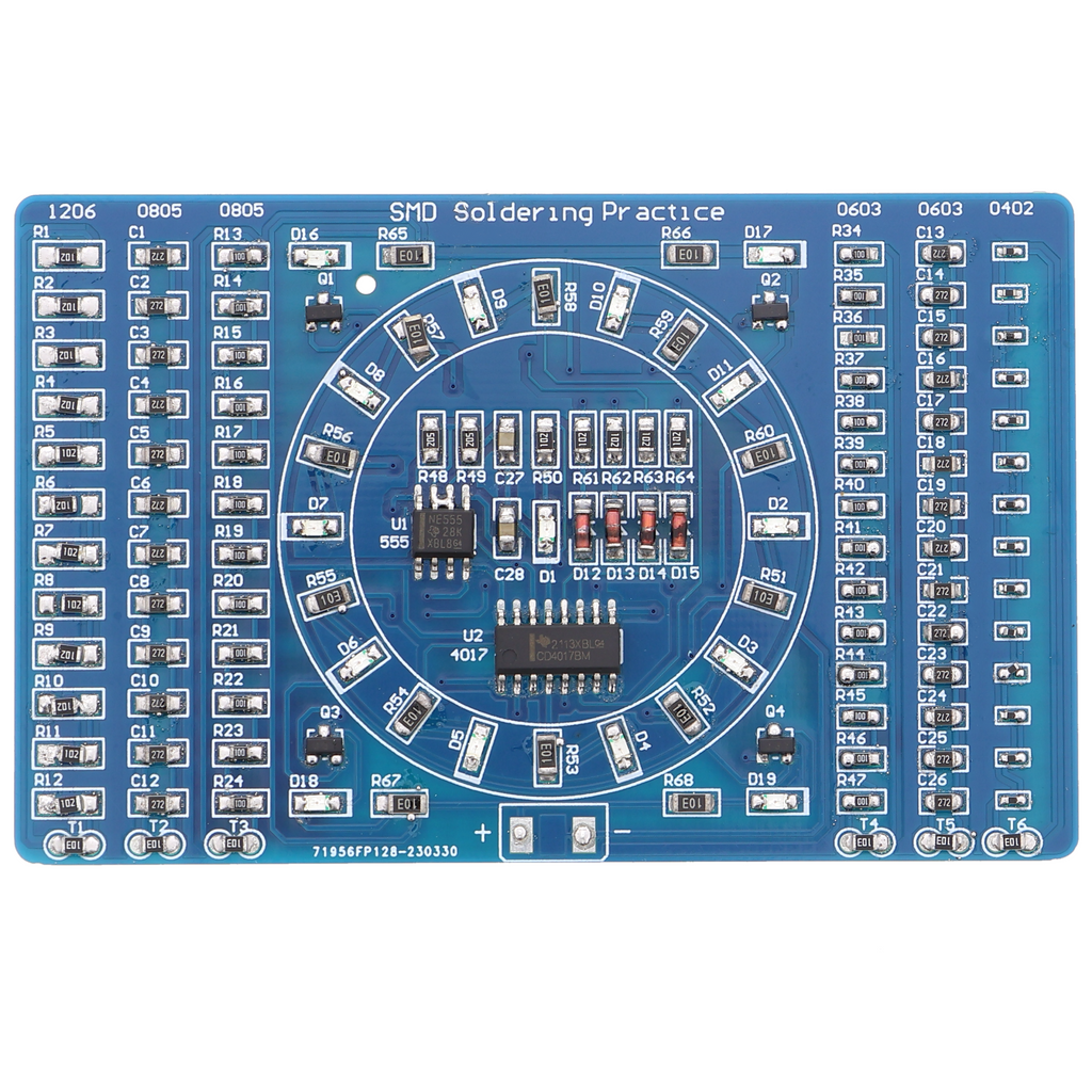 Práctica de soldadura SMD «LED giratorios» CD4017 SMD NE555