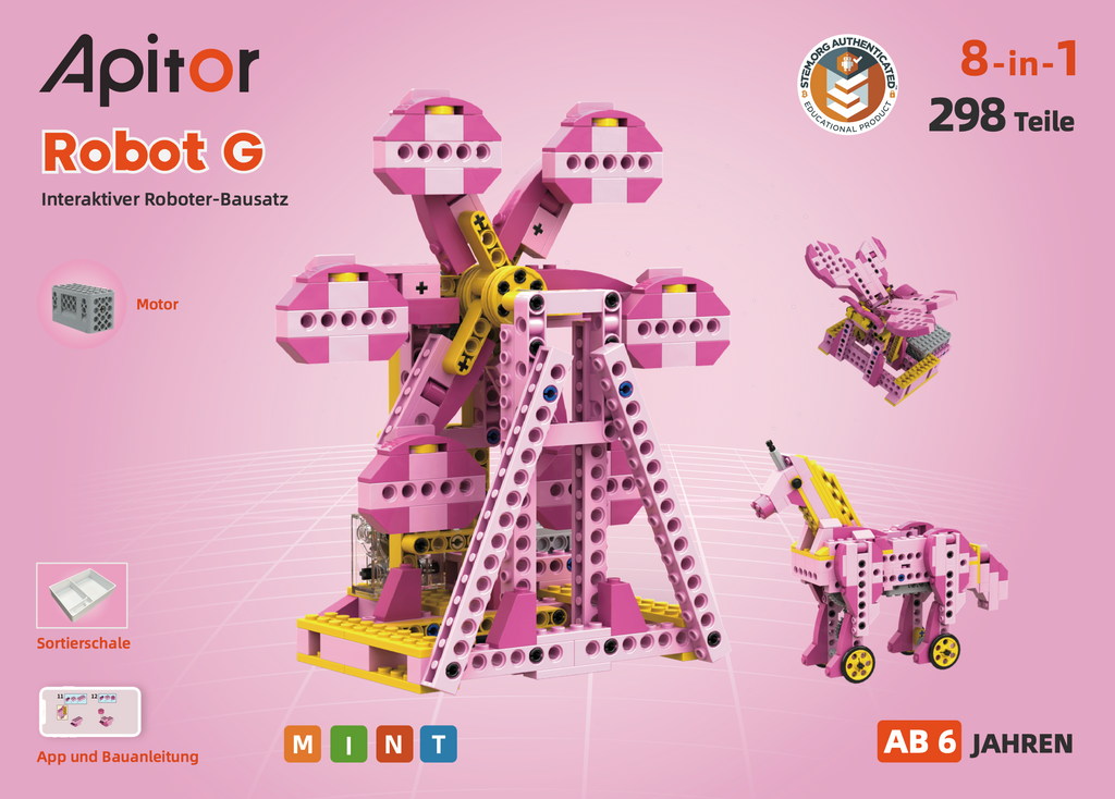 Apitor Robot G - 8-in-1 Roboter Bausatz, 298 Teile, mit oder ohne Box