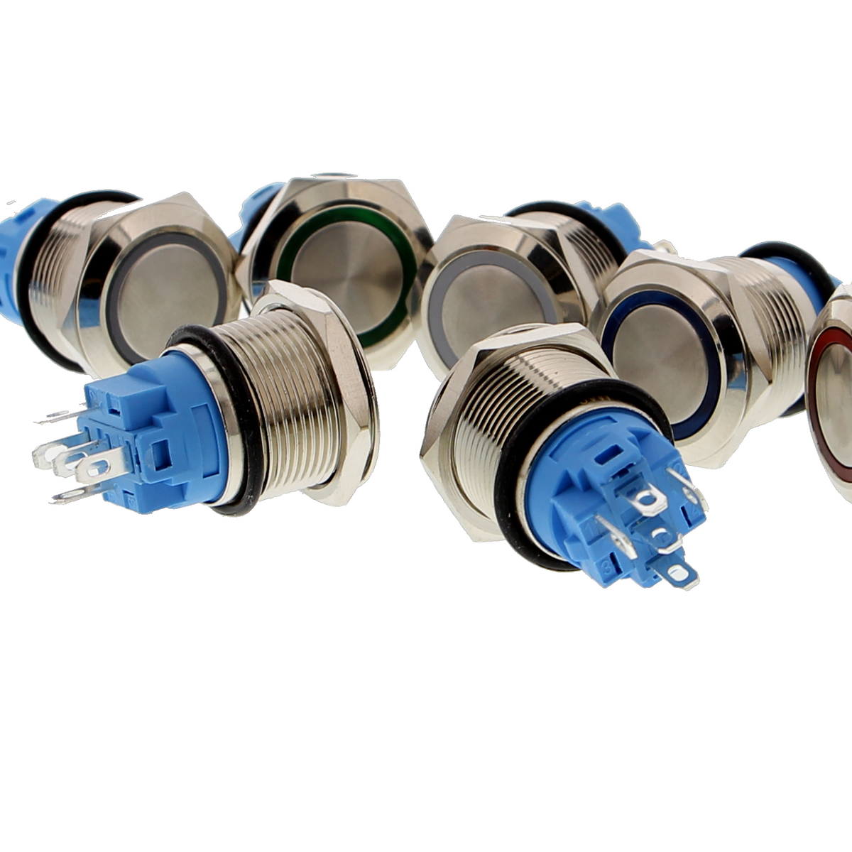 Drucktaster 19 mm mit LED-Ring - Chrom, 3 V oder 5 V, verschiedene Farben