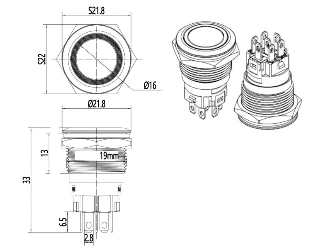 Drucktaster Chrom - LED beleuchtet, 3 V oder 5 V, verschiedene Farben