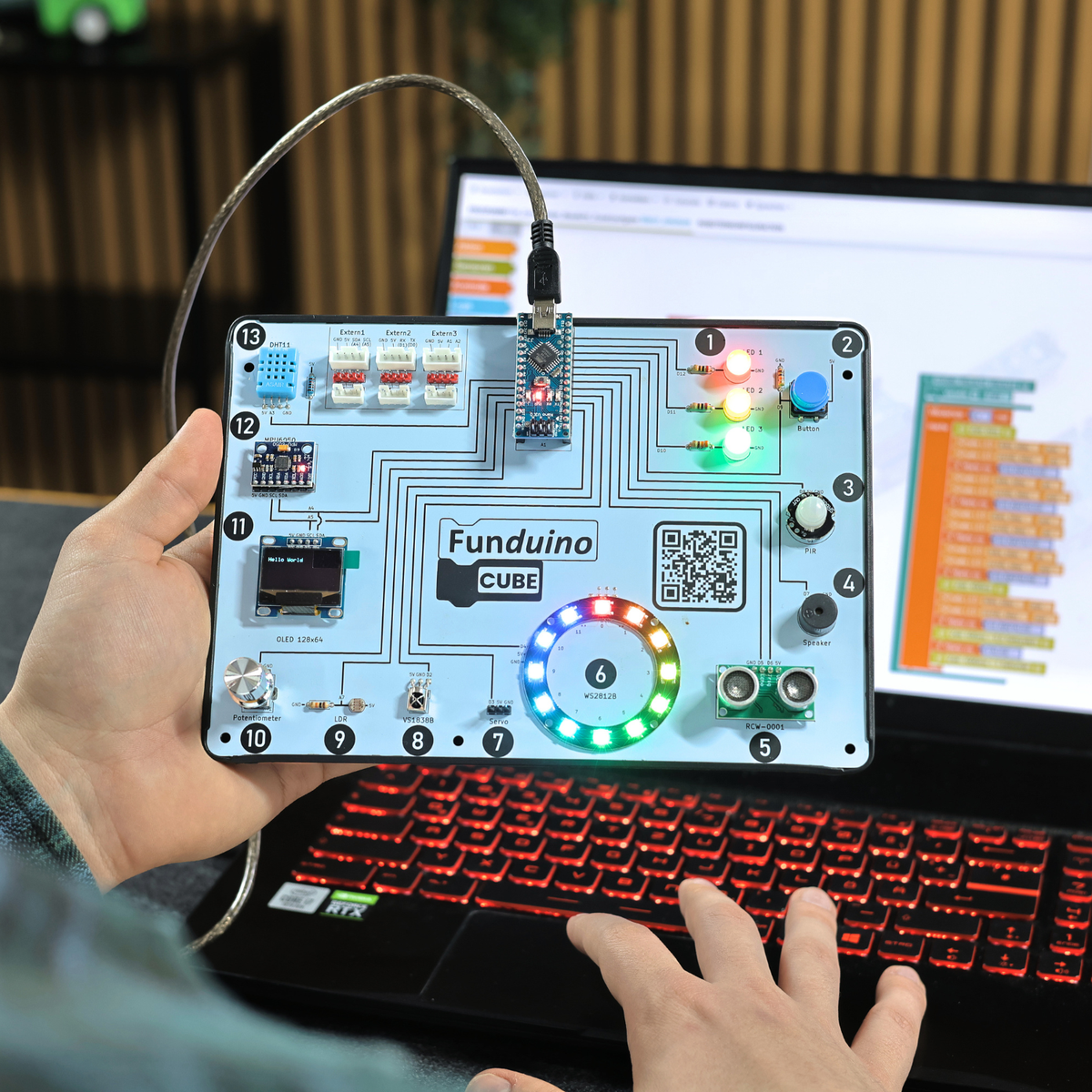 Funduino Cube, Arduino-compatible learning system & development board