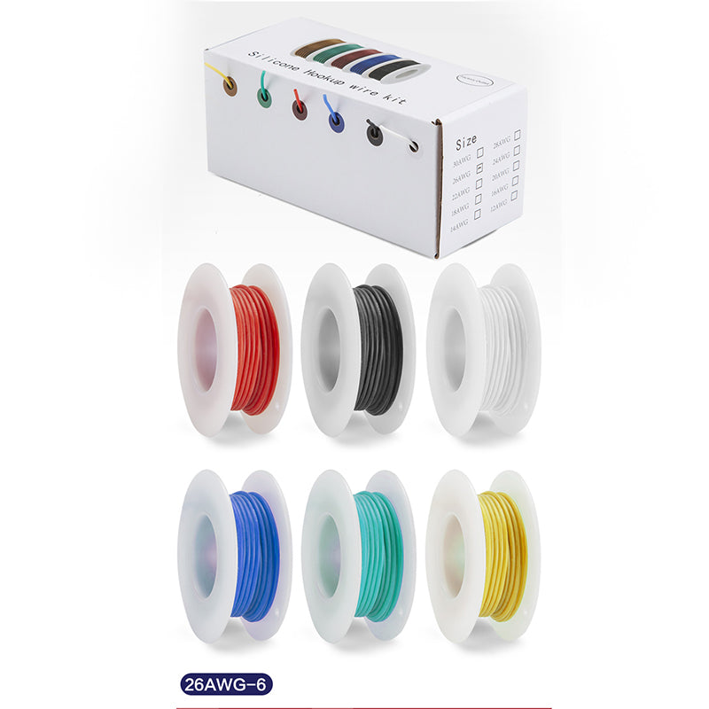 Litzenkabel Spenderbox - verzinnter Kupferdraht, Silikon, 6 Farben à 4 m, 18-30 AWG