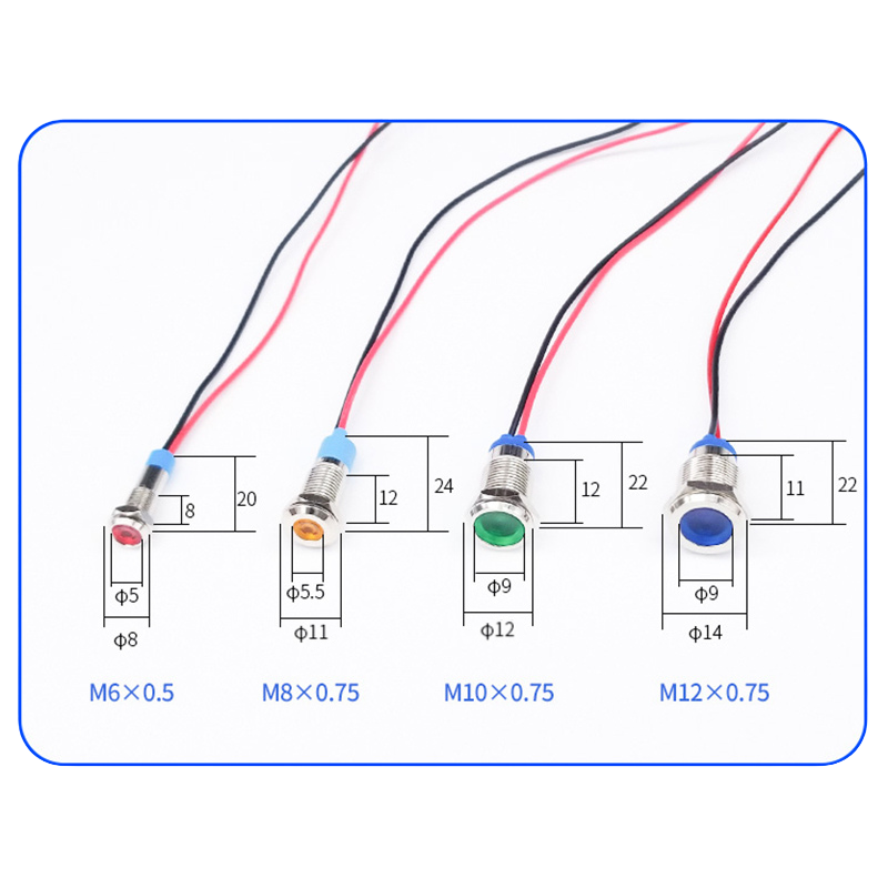Master-LED in metalen fitting, vlak, controlelampje 12V, diverse formaten en kleuren