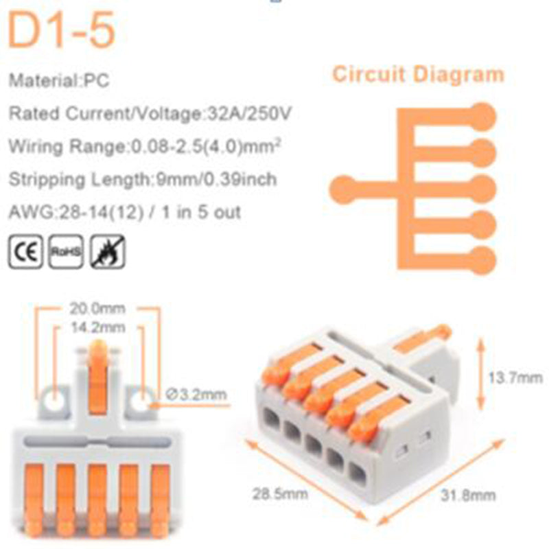 Master-mini-verbindingsklem, 5 stuks, 32A/250V - D1 / D2 / D3