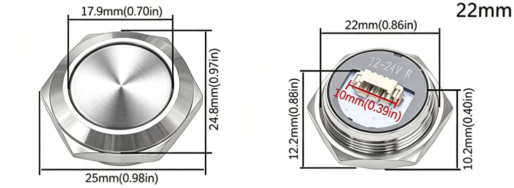 Metalltaster 22 mm - LED weiß, 12-24 V, wasserdicht