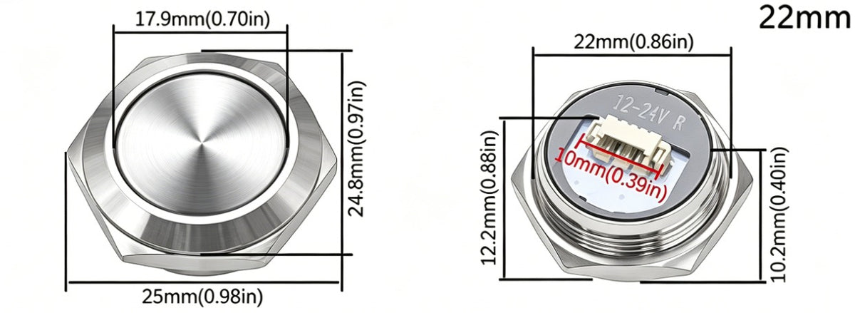 Metalltaster 22 mm - LED weiß, 12-24 V, wasserdicht